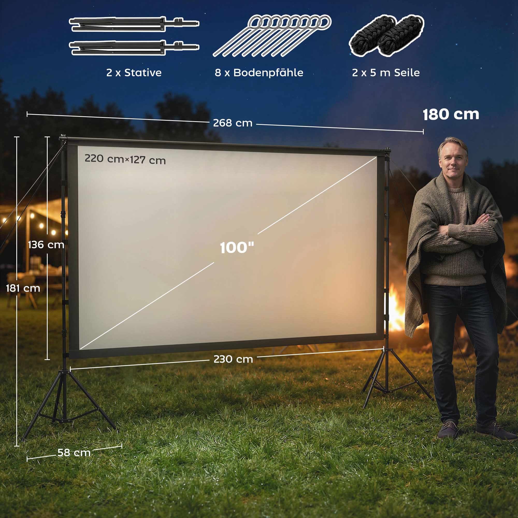 100" projektorduk med stativ, 4K/8K, 16:9-bildförhållande