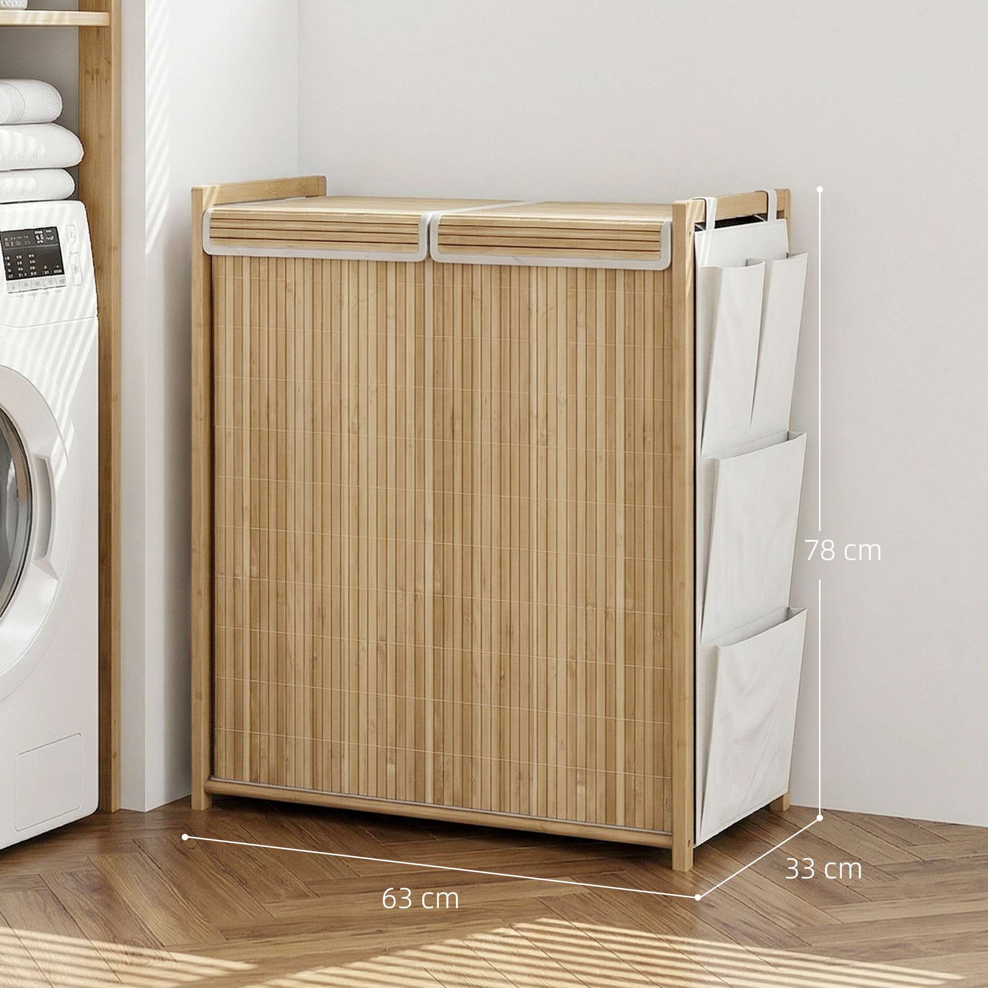 120L tvättkorg i bambu med lock och sidofickor