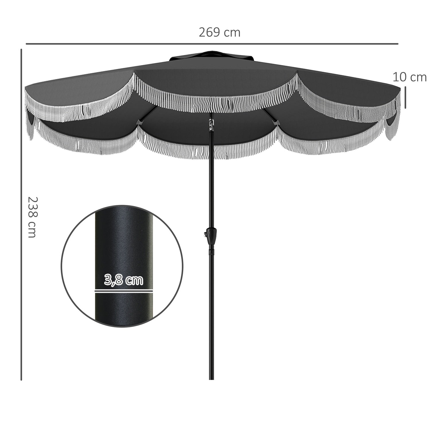Větruodolný slunečník Ø269 cm – UV 30+, tmavě šedý