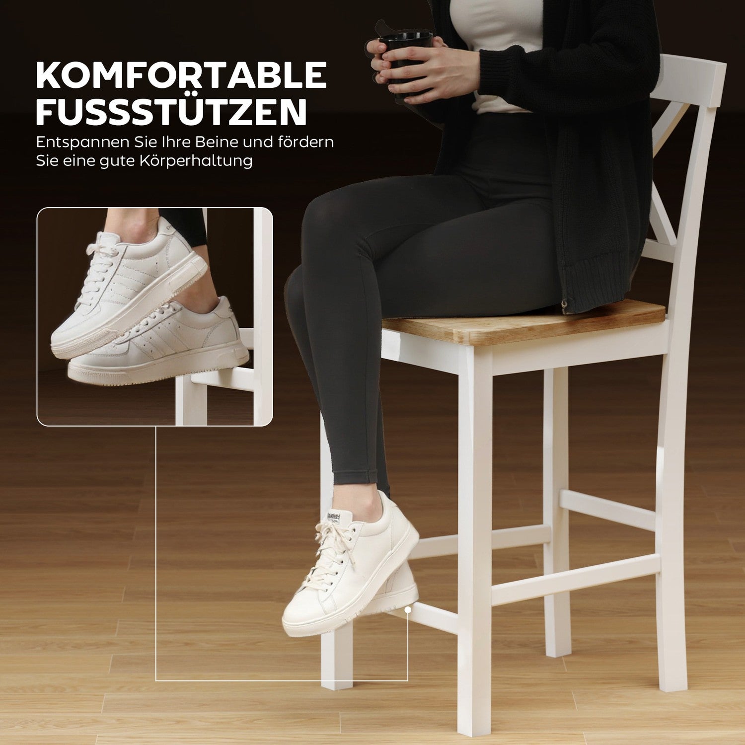 2-delade barstolar av gummi, ek & vit, 60 cm sits