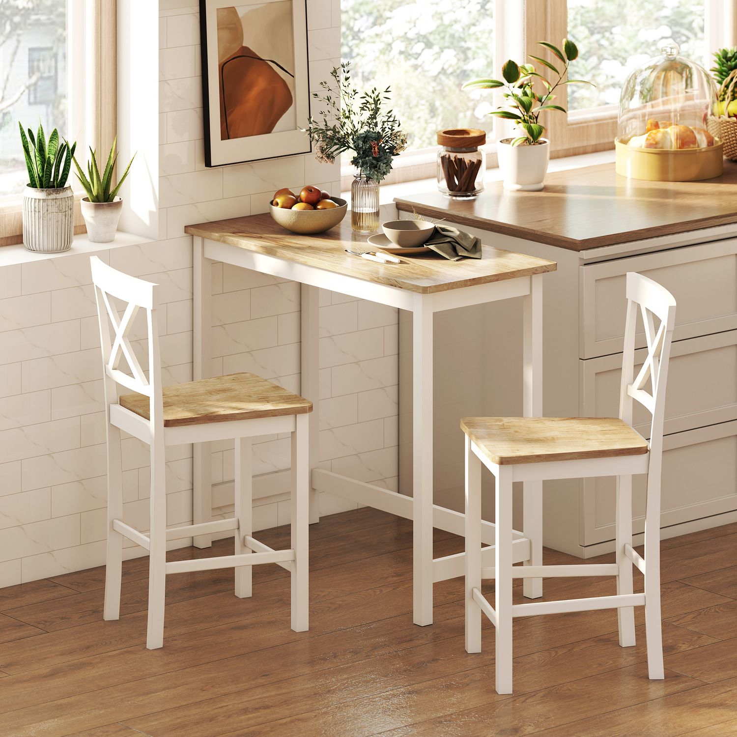 2-delade barstolar av gummi, ek & vit, 60 cm sits