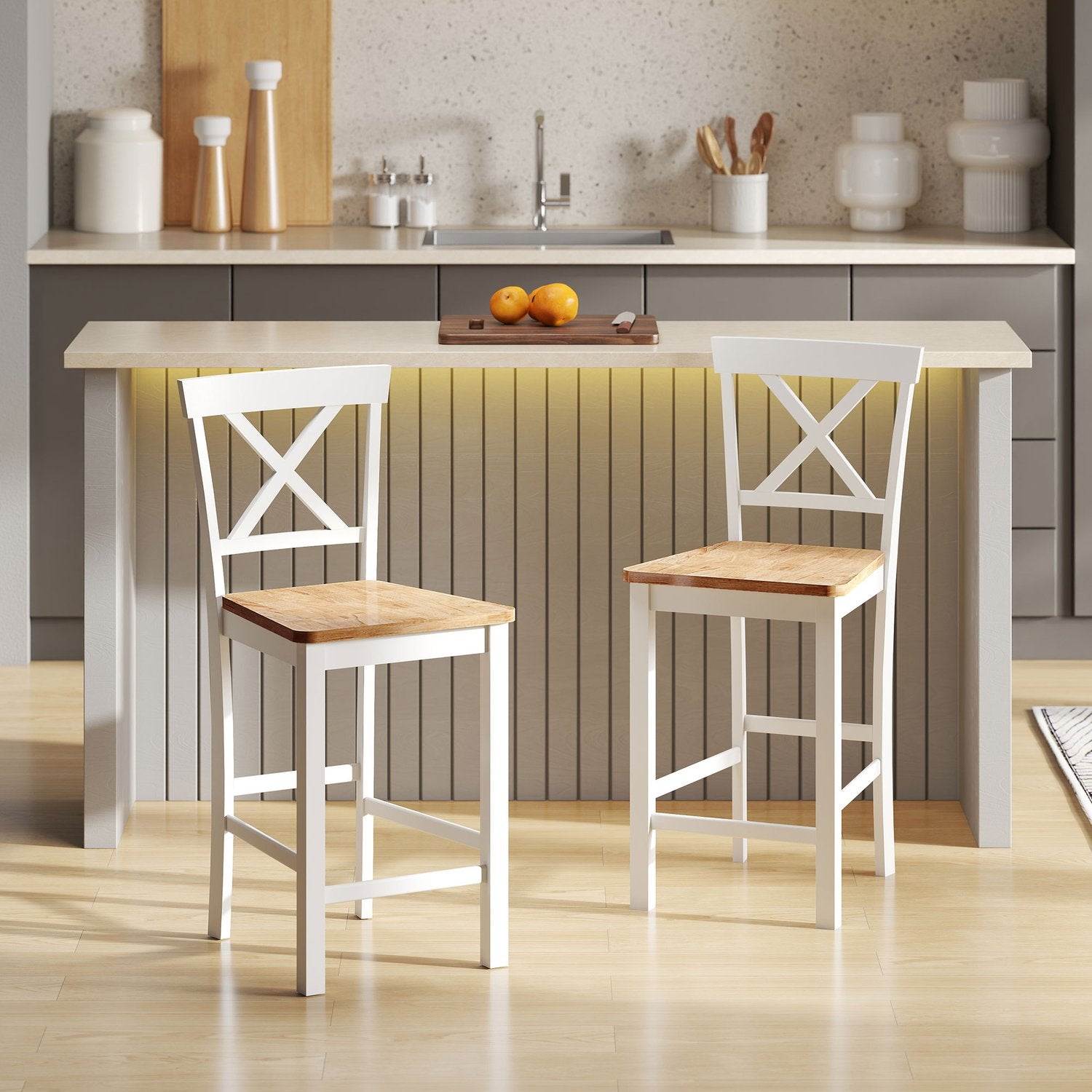 2-delade barstolar av gummi, ek & vit, 60 cm sits