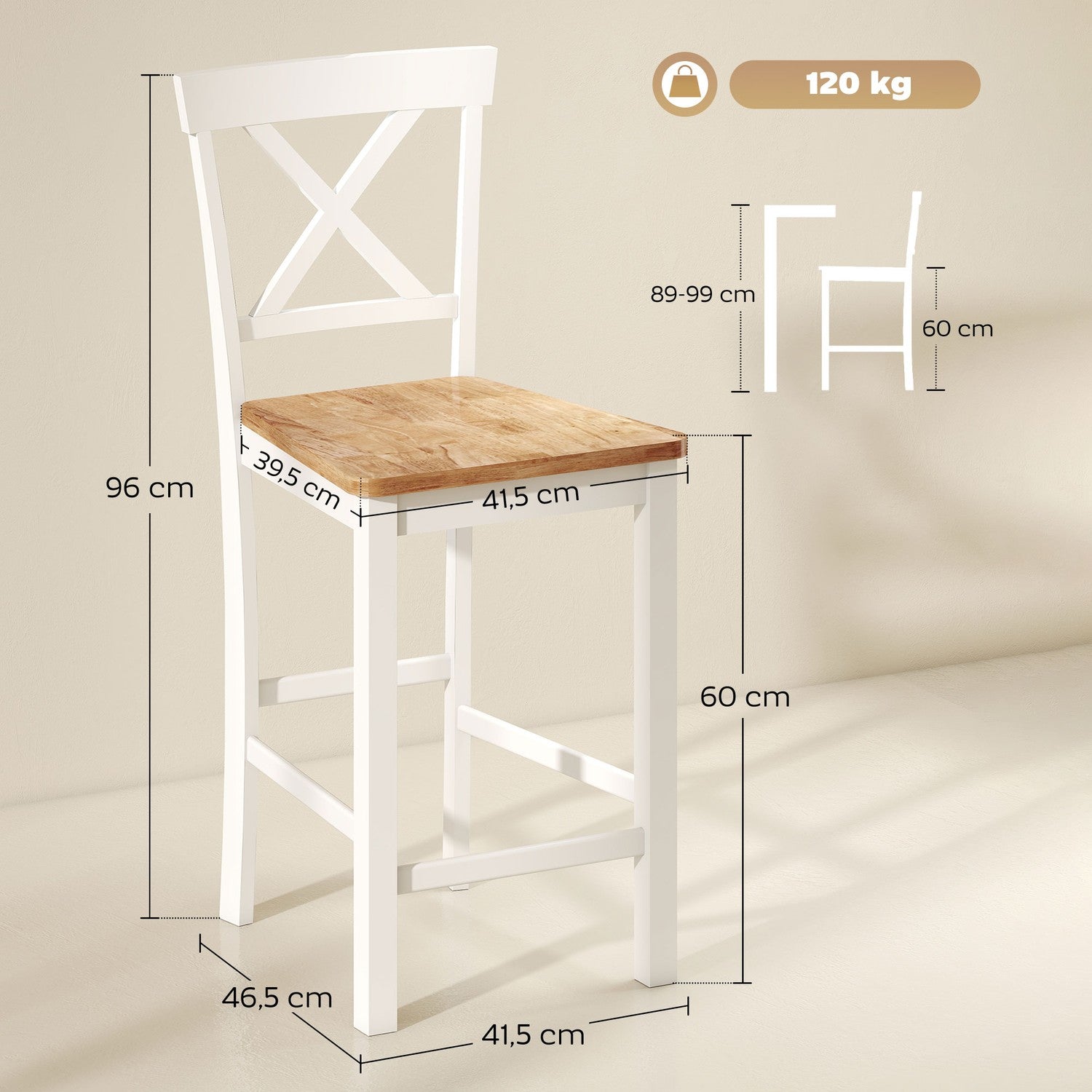 2-delade barstolar av gummi, ek & vit, 60 cm sits
