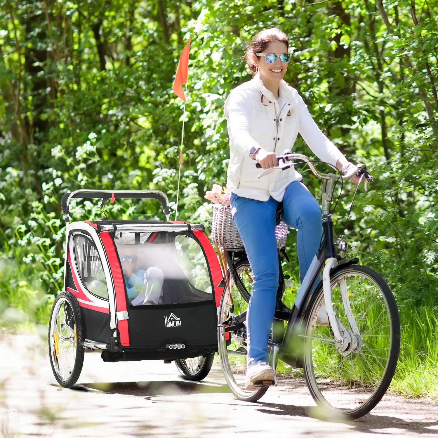 2-i-1 barncykelvagn med fjädring och broms, röd/svart