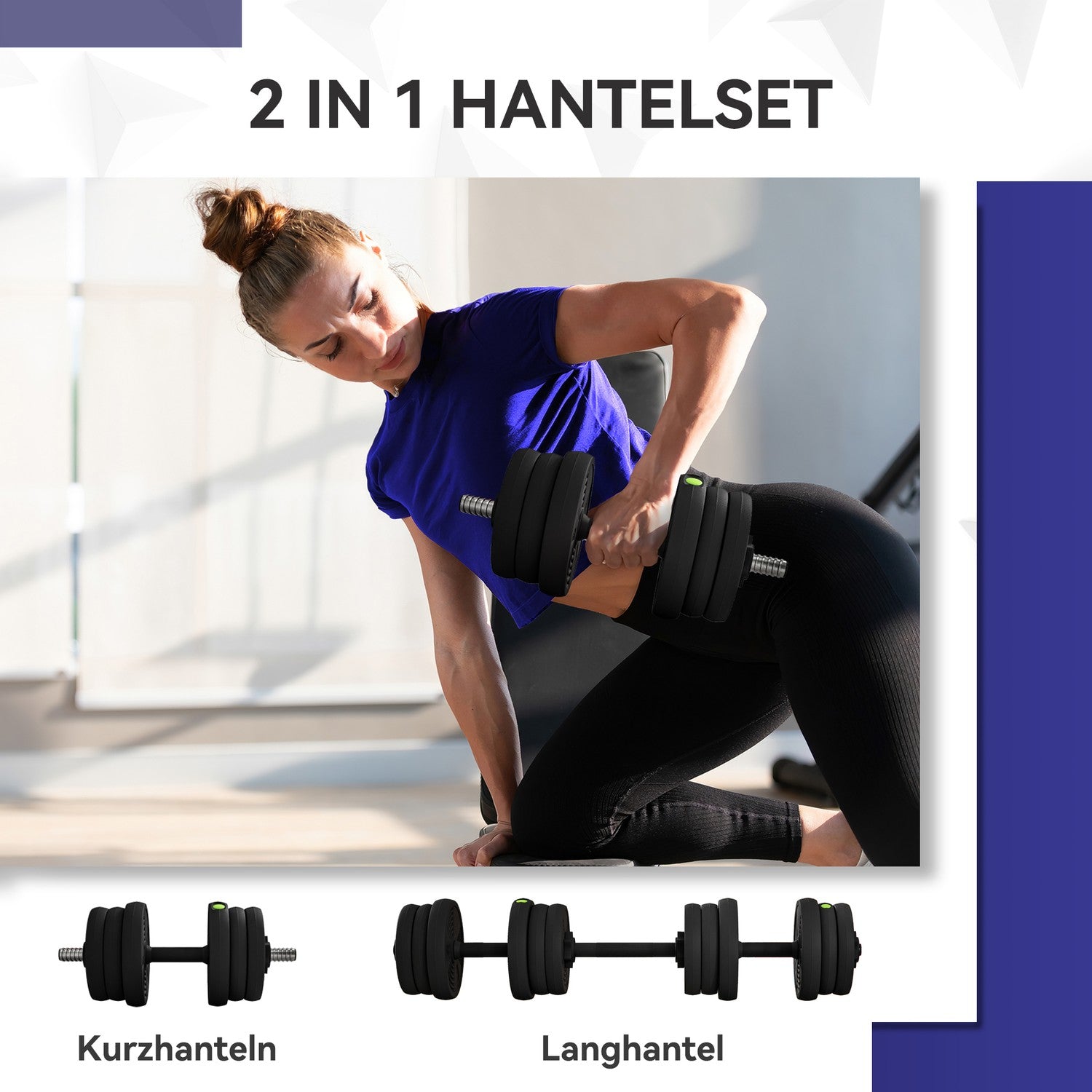 2-i-1 hantelset, skivstång och hantel, 20 kg, halkfri