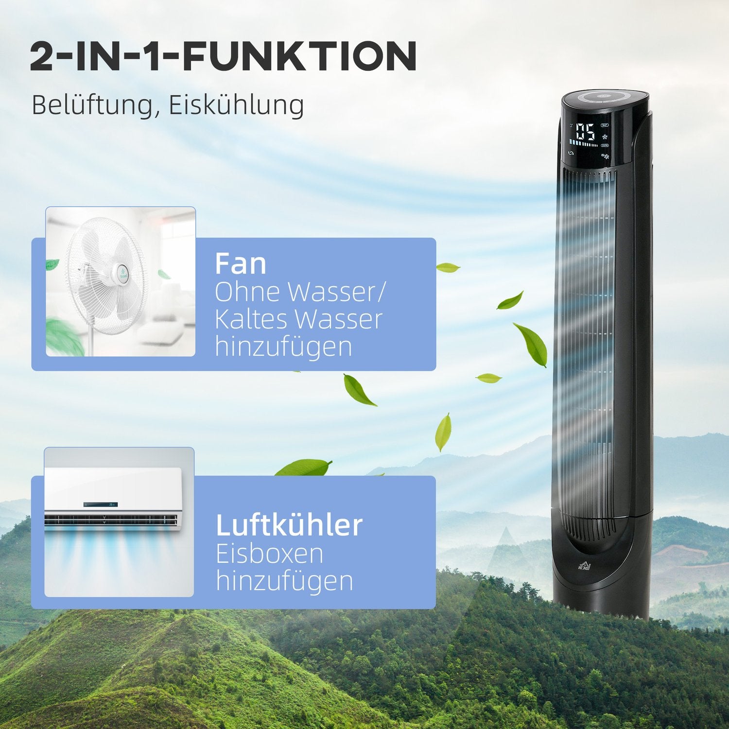 Věžový ventilátor a ochlazovač vzduchu 2 v 1, 4 režimy, dálkové ovládání