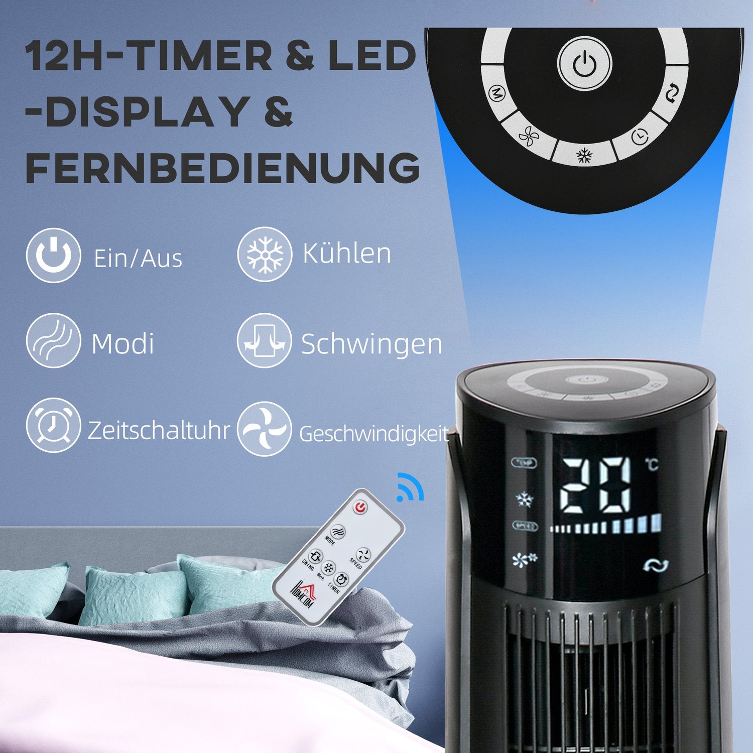 Věžový ventilátor a ochlazovač vzduchu 2 v 1, 4 režimy, dálkové ovládání