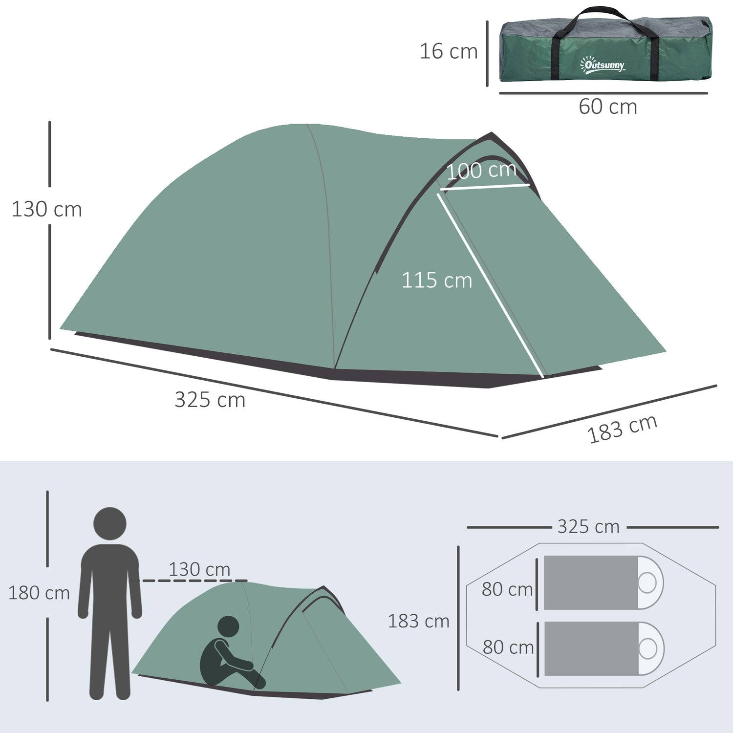 Kempingový kopulovitý stan pro 2 osoby, sklolaminát, 325 x 183 x 130 cm