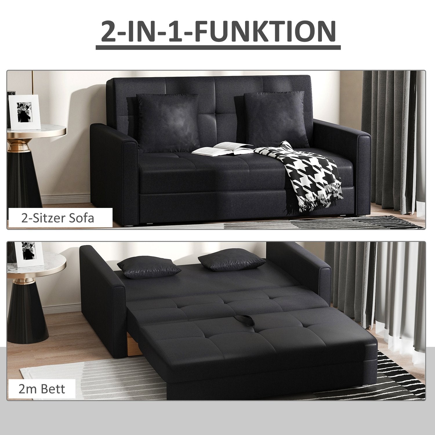 2-sits bäddsoffa med förvarings- och polybomullskuddar, grå
