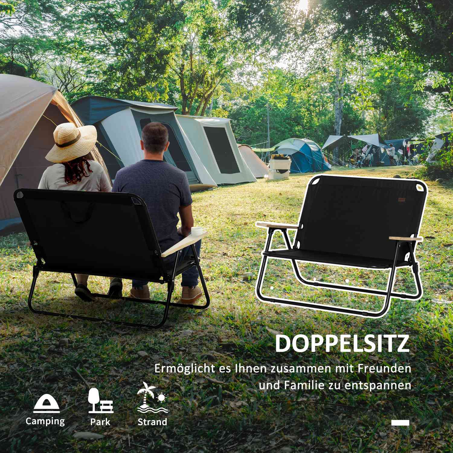 Skládací kempingová židle pro 2 osoby, přenosná, s držákem na nápoje