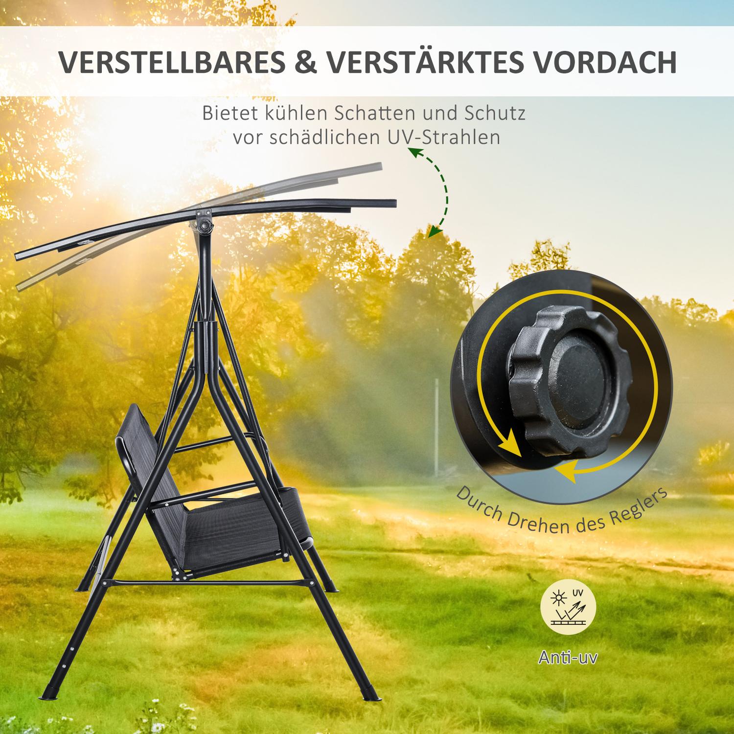 2-sits justerbar utomhusgunga, UV-beständig svart metall