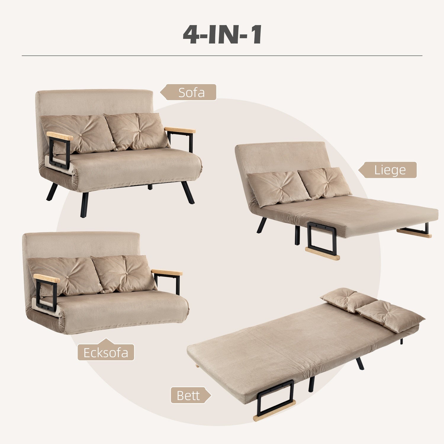 2-sits sammetsbäddsoffa, justerbart ryggstöd, ljusbrun