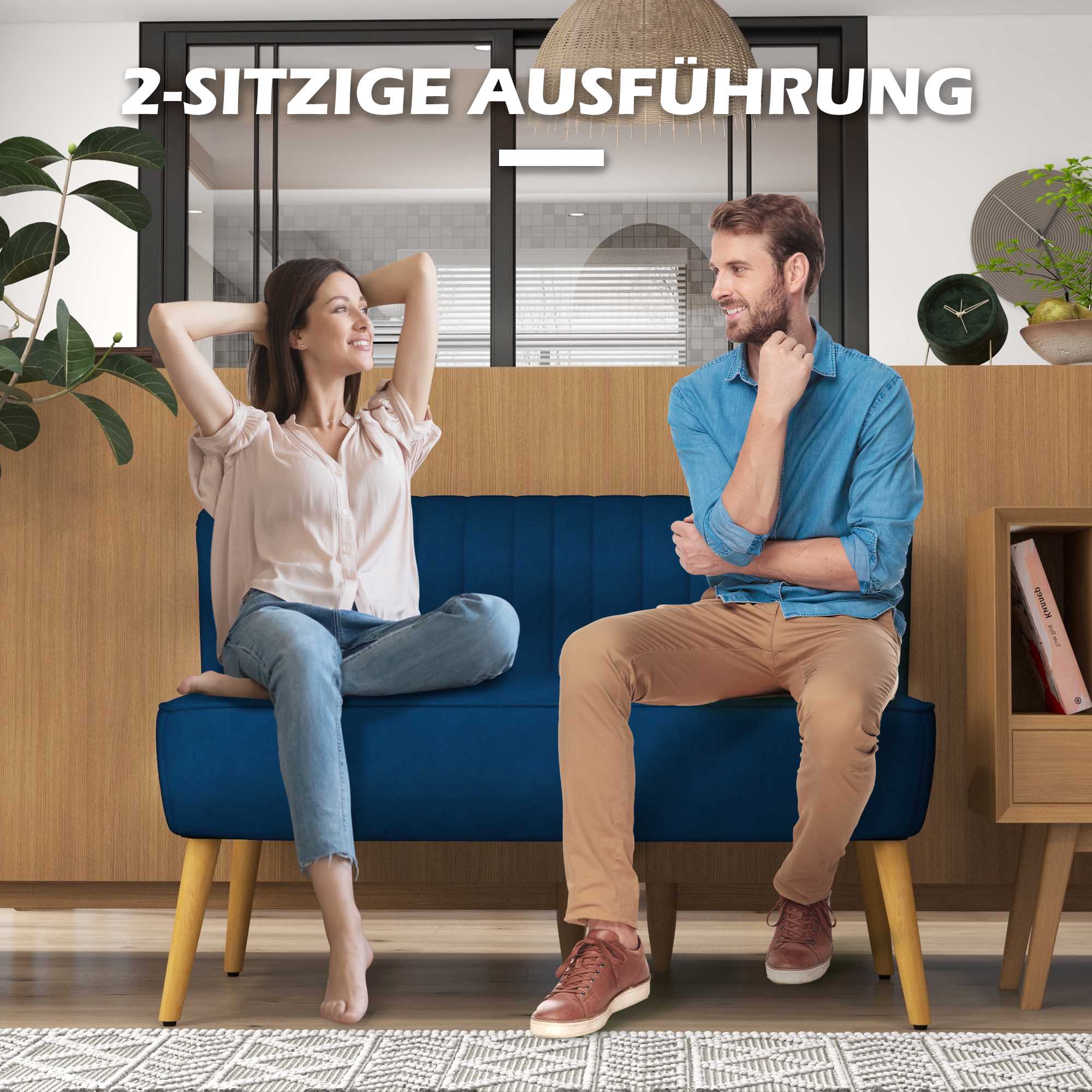 2-sitssoffa, blå, träben, 117 x 56,5 x 77 cm