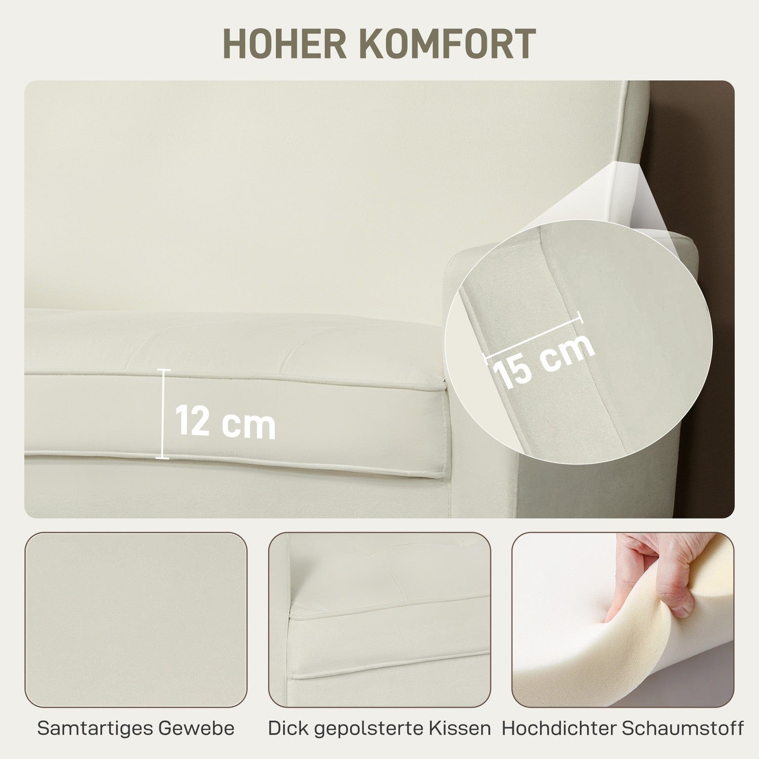 2-sits soffa, gräddvit, ben av gummi, tyg i sammetslook