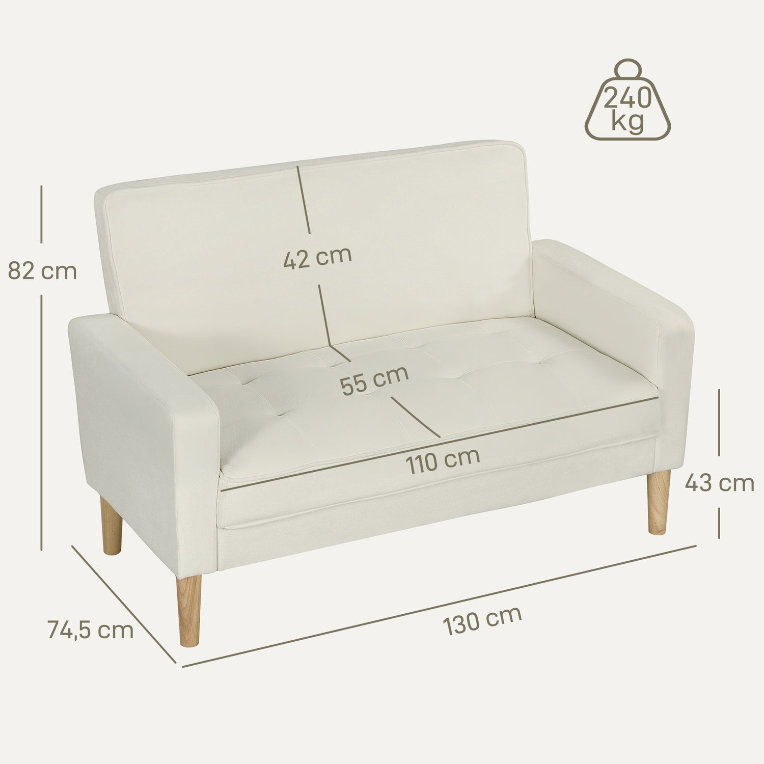 2-sits soffa, gräddvit, ben av gummi, tyg i sammetslook