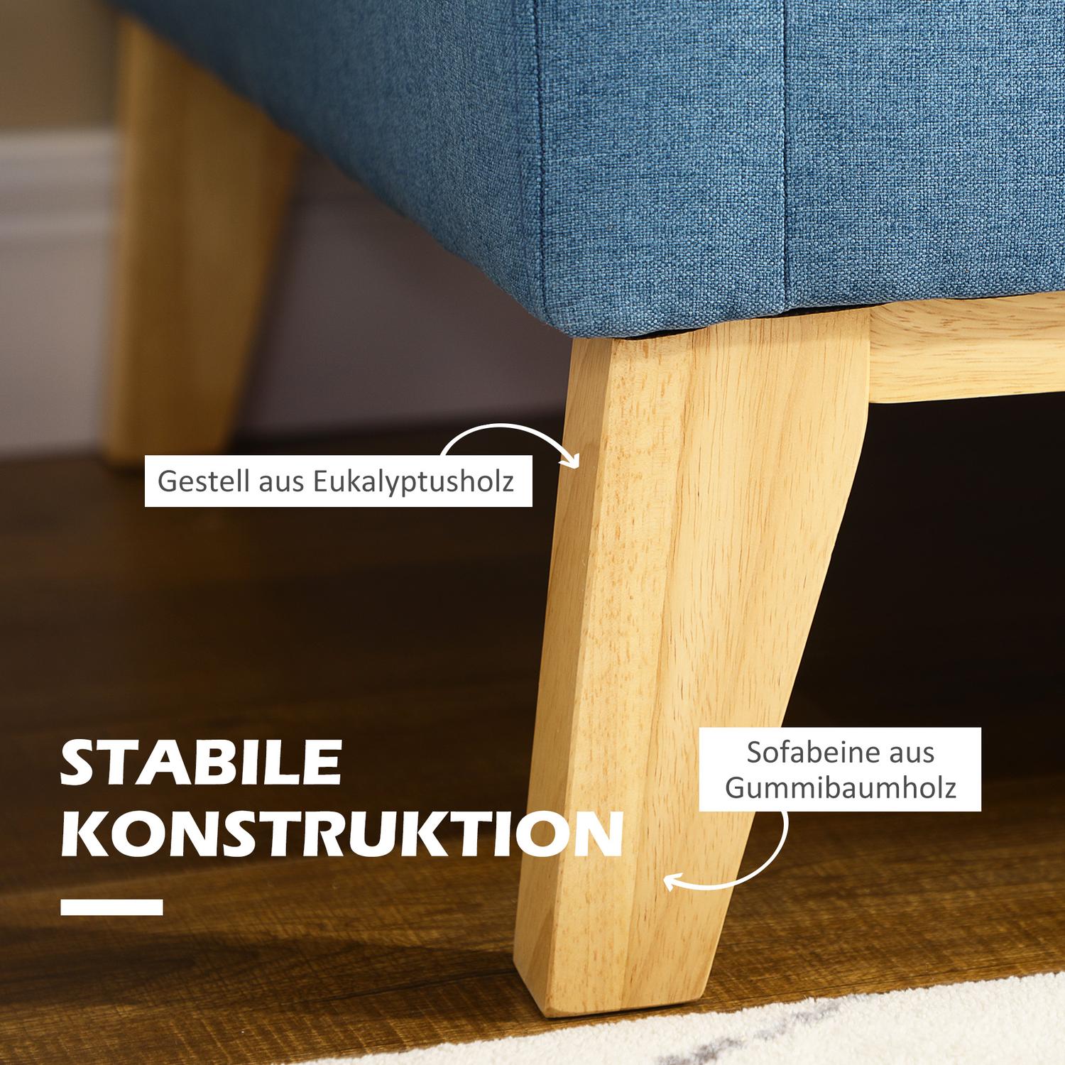 Dvousedačka v lněném vzhledu, polstrovaná, dřevěné nohy, modrá