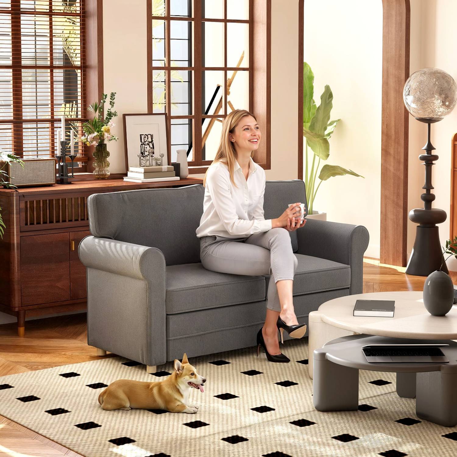 2-sits soffa, kompakt vardagsrumssoffa, tyg i linnelook, mjuka sittdynor, stålram, mörkgrå