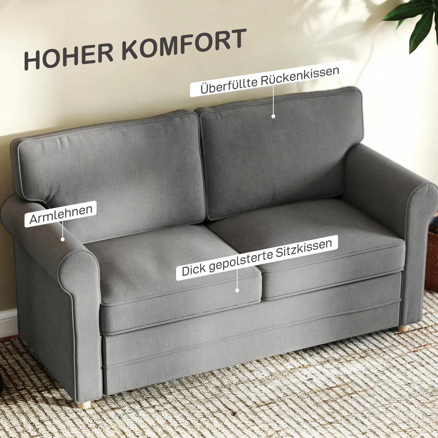 2-sits soffa, kompakt vardagsrumssoffa, tyg i linnelook, mjuka sittdynor, stålram, mörkgrå