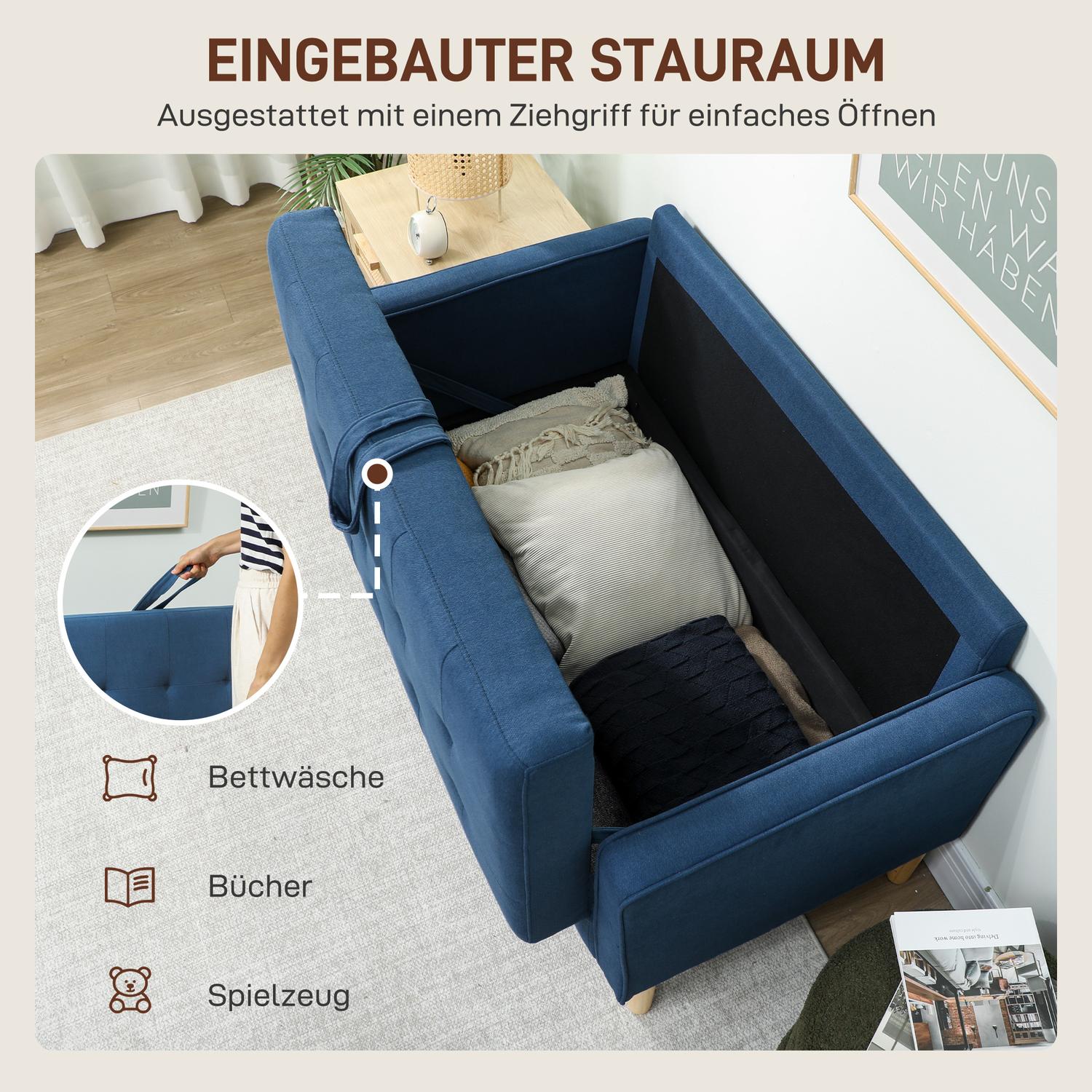 2-sits soffa med förvaring, blå sammet, kompakt design