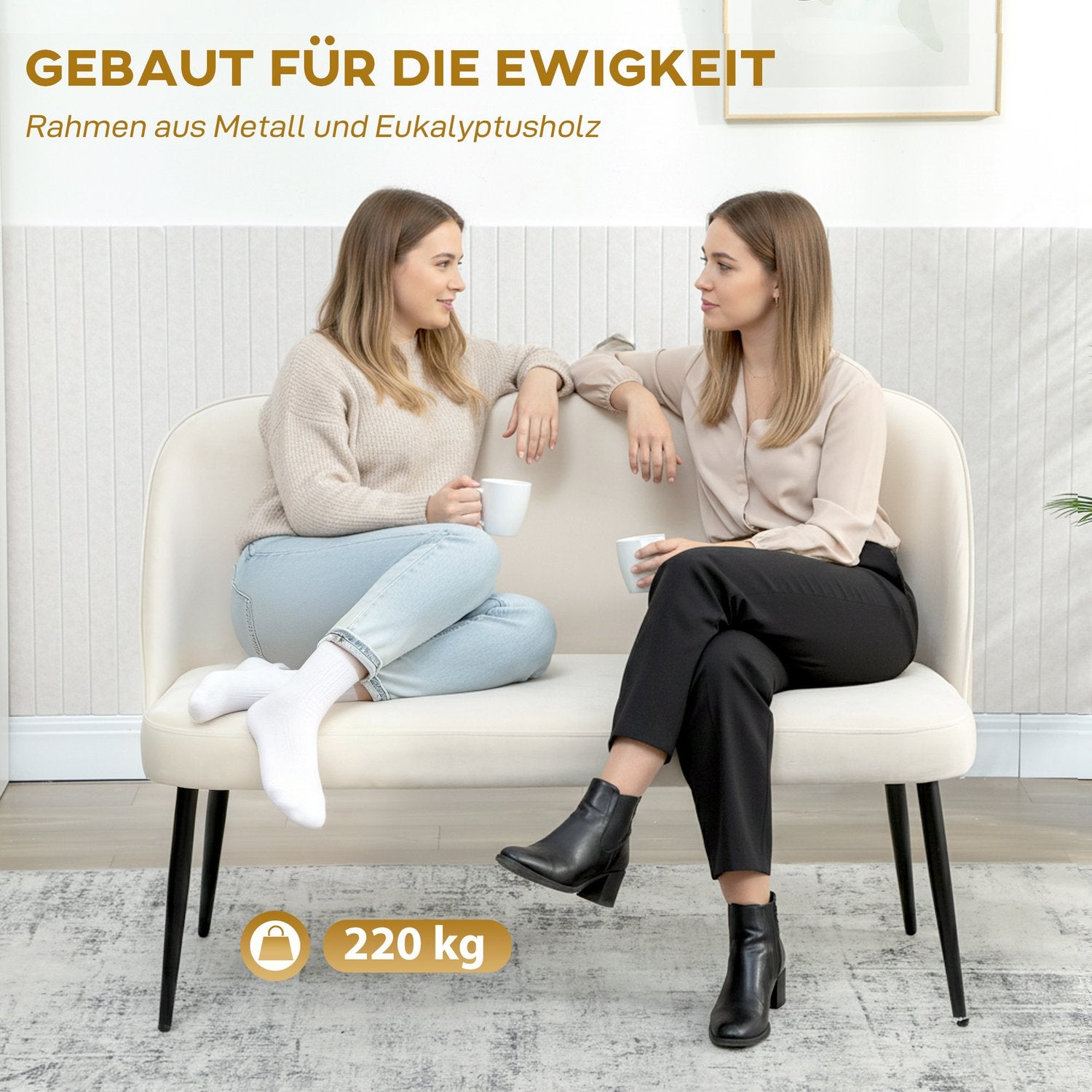 2-sitssoffa, sammetsliknande tyg, metall- och träram, beige