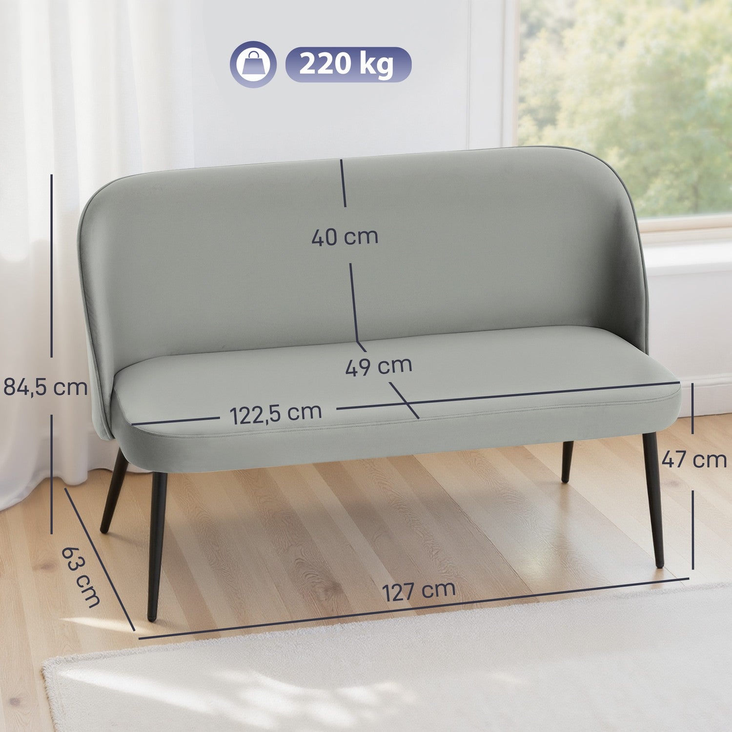 2-sitssoffa, sammetstyg, metall- och träram, grå