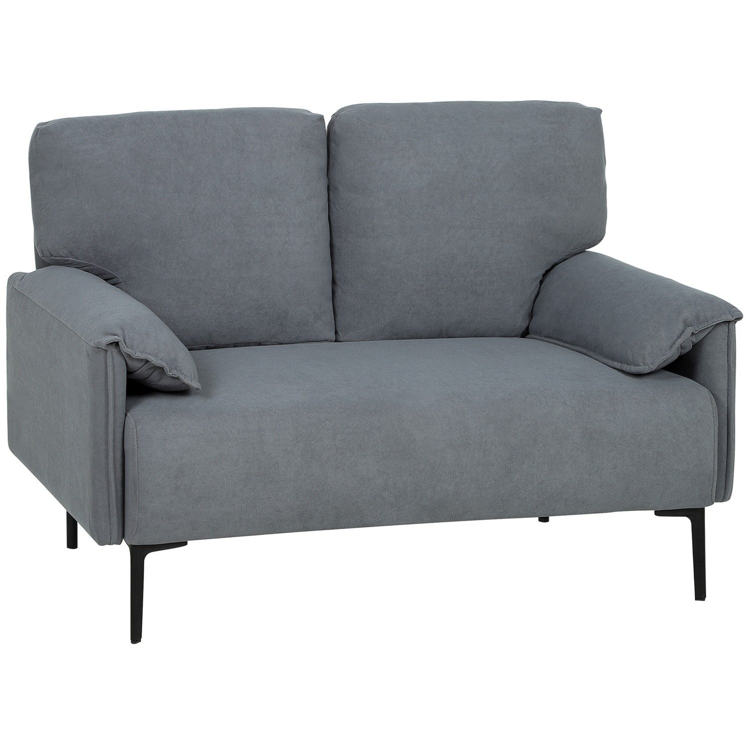 2-sitssoffa, tjocka kuddar, sammetsklädsel, svart
