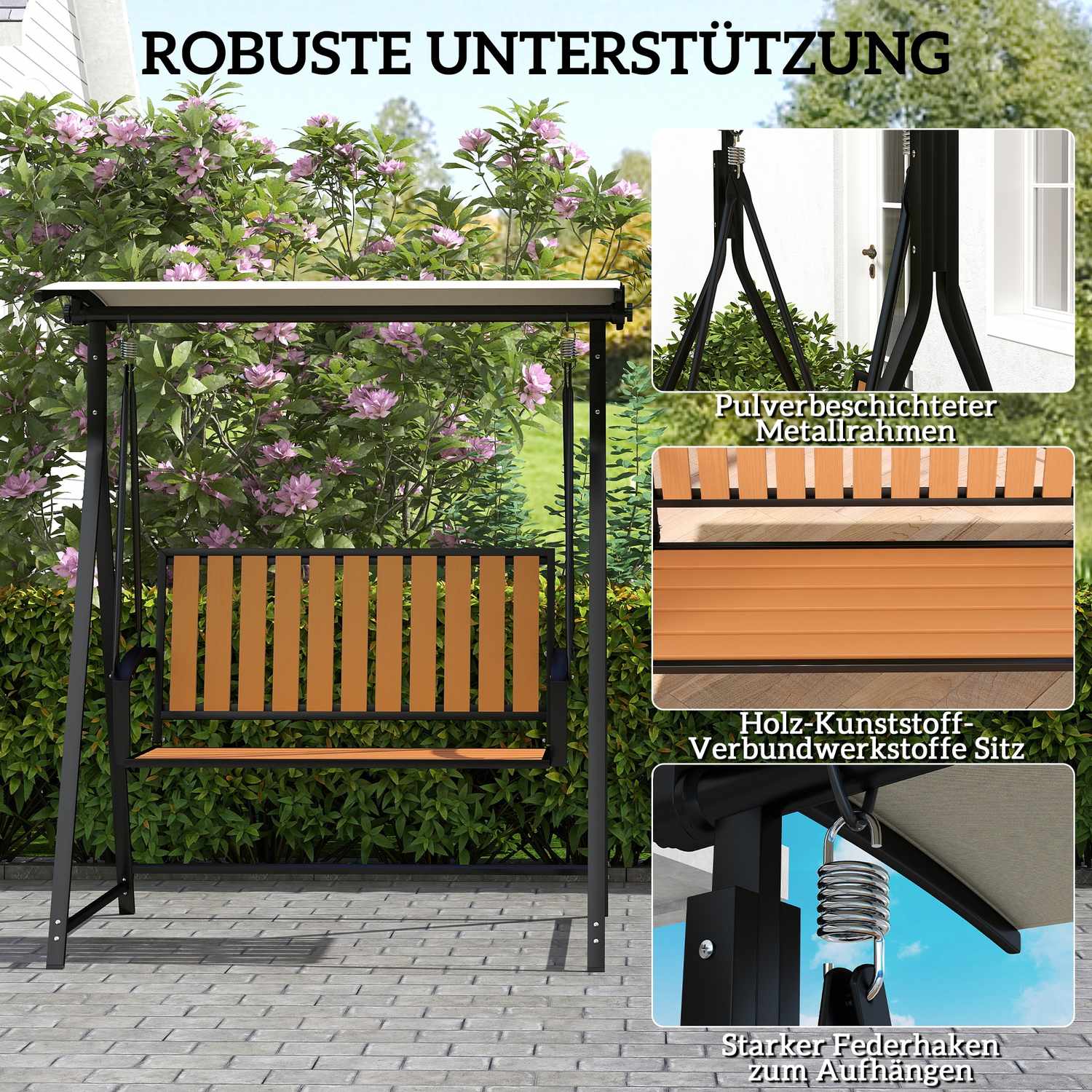 Dvoumístná zahradní houpačka s nastavitelnou stříškou, odolná vůči povětrnostním vlivům