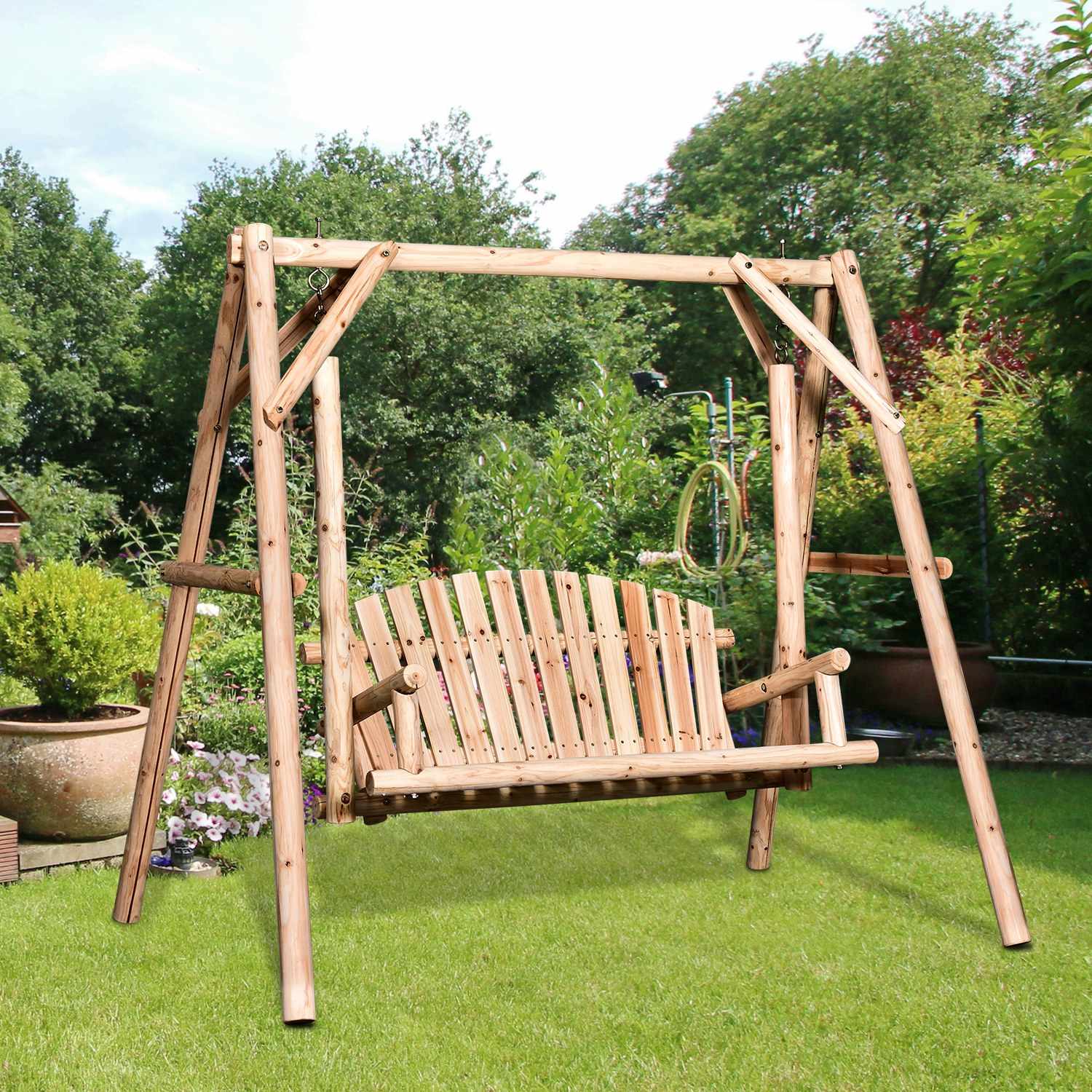 2-sits trädgårdssvingbänk i trä, 187 x 137 x 170 cm