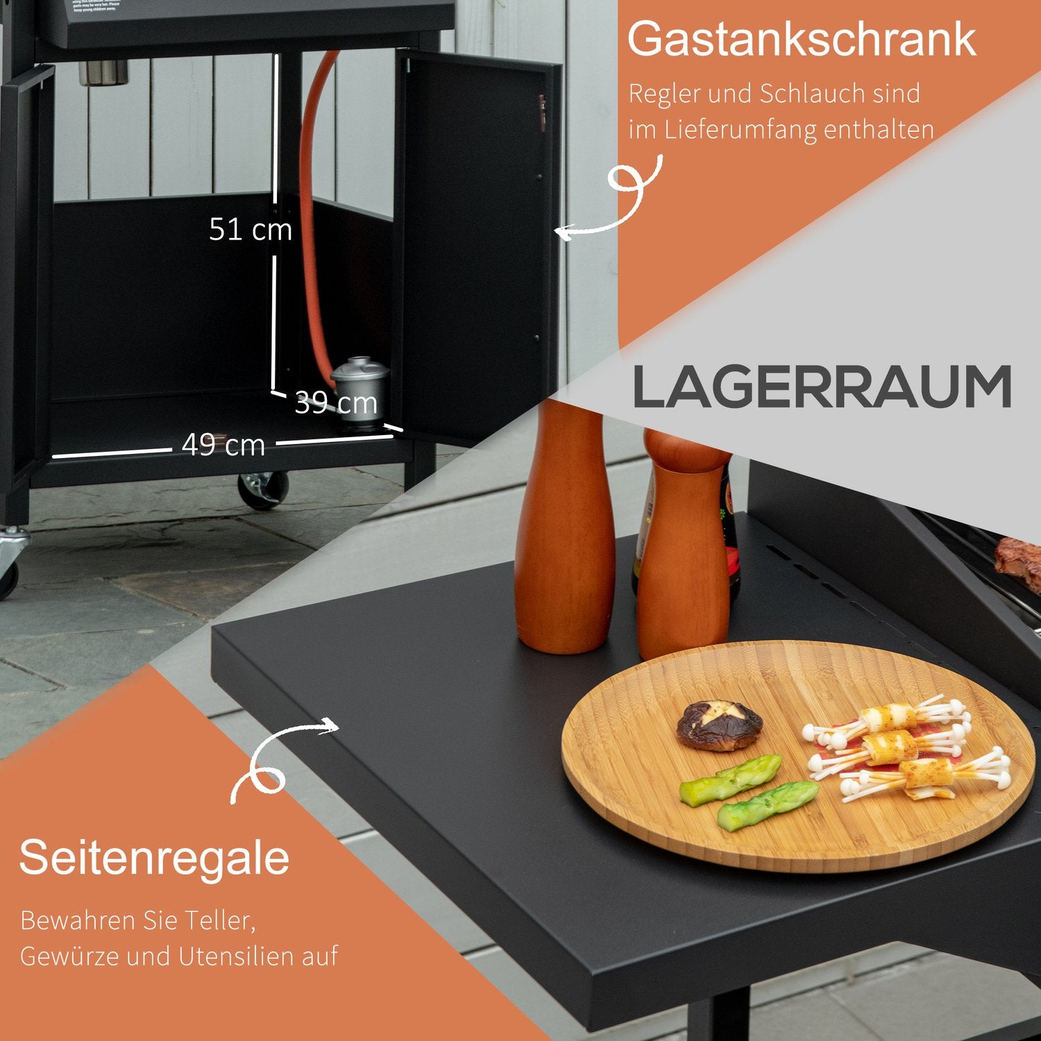 3-brännare gasolgrill, mobil vagn, stål, med sidobord