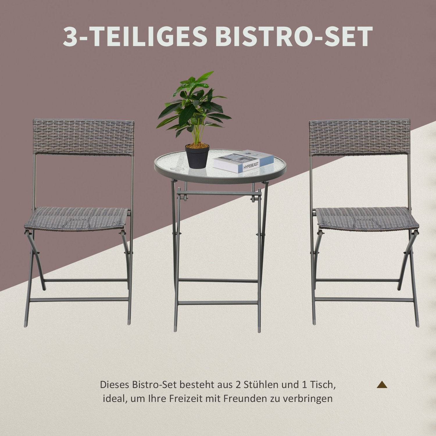 3-delad polyrattan fällbar bistroset för balkong – Brun