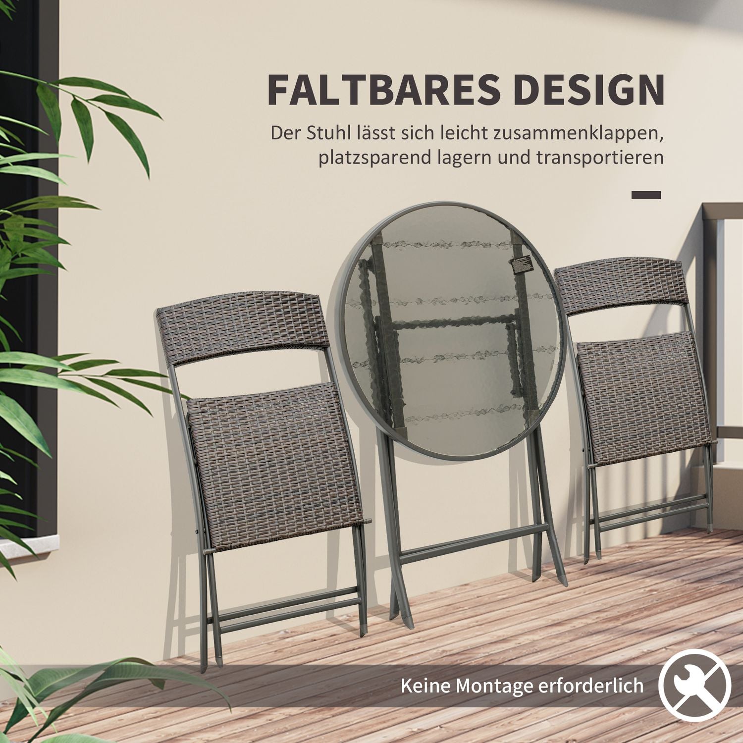 3-delad polyrattan fällbar bistroset för balkong – Brun