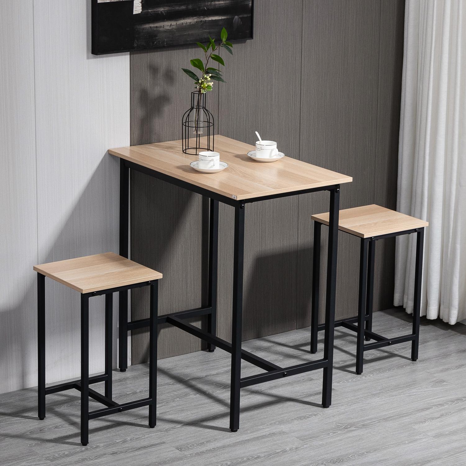 3-delat bistroset, naturligt trälook och stål, 80x50x85 cm