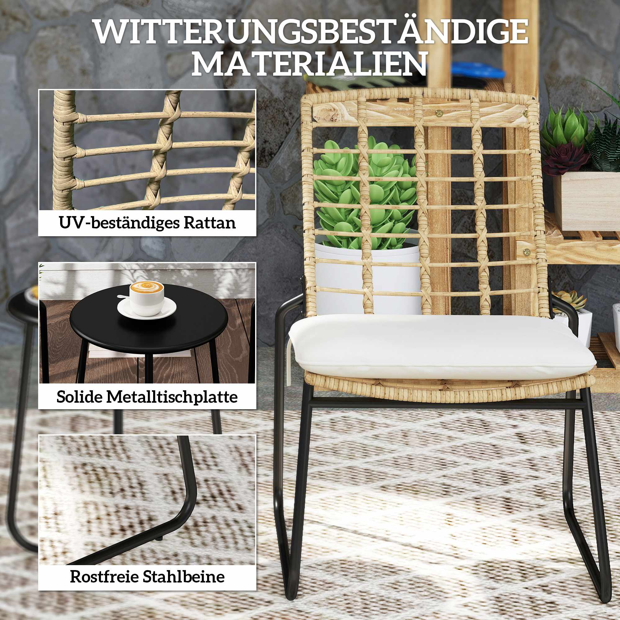 3-delat utemöblerset i rotting, 2 stolar, 1 metallbord, dynor