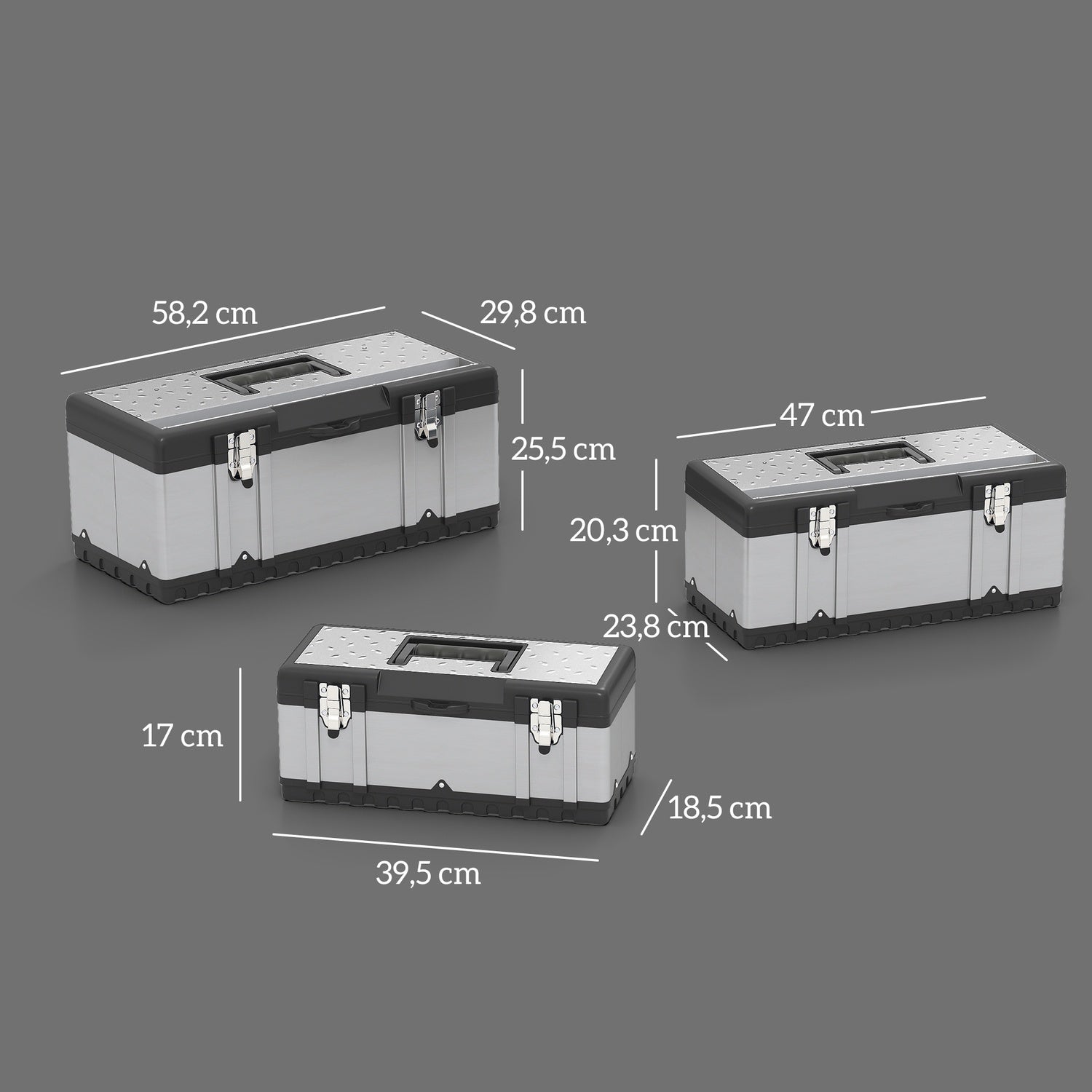 3-delat verktygslåda set, rostfritt stål, plast, silver