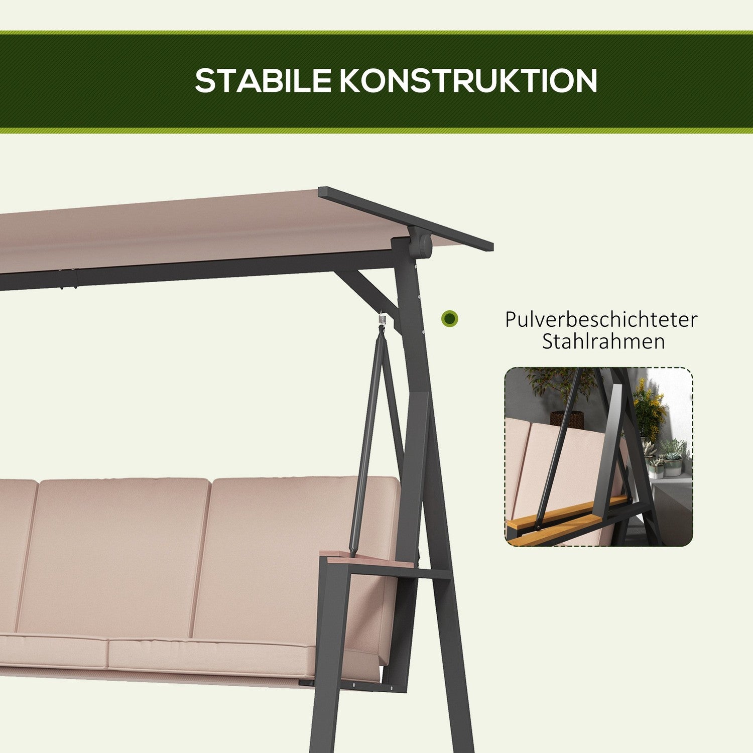 Khaki houpací lavice pro 3 osoby s polštáři a stříškou, 300 kg