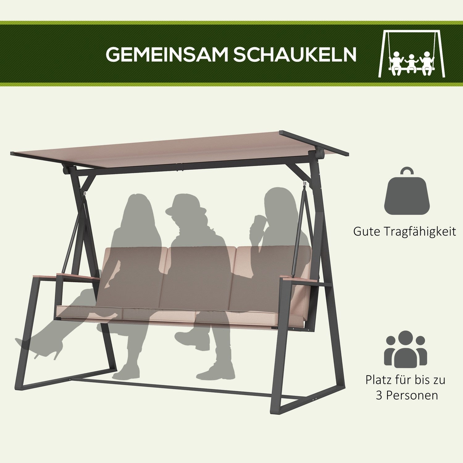 Khaki houpací lavice pro 3 osoby s polštáři a stříškou, 300 kg