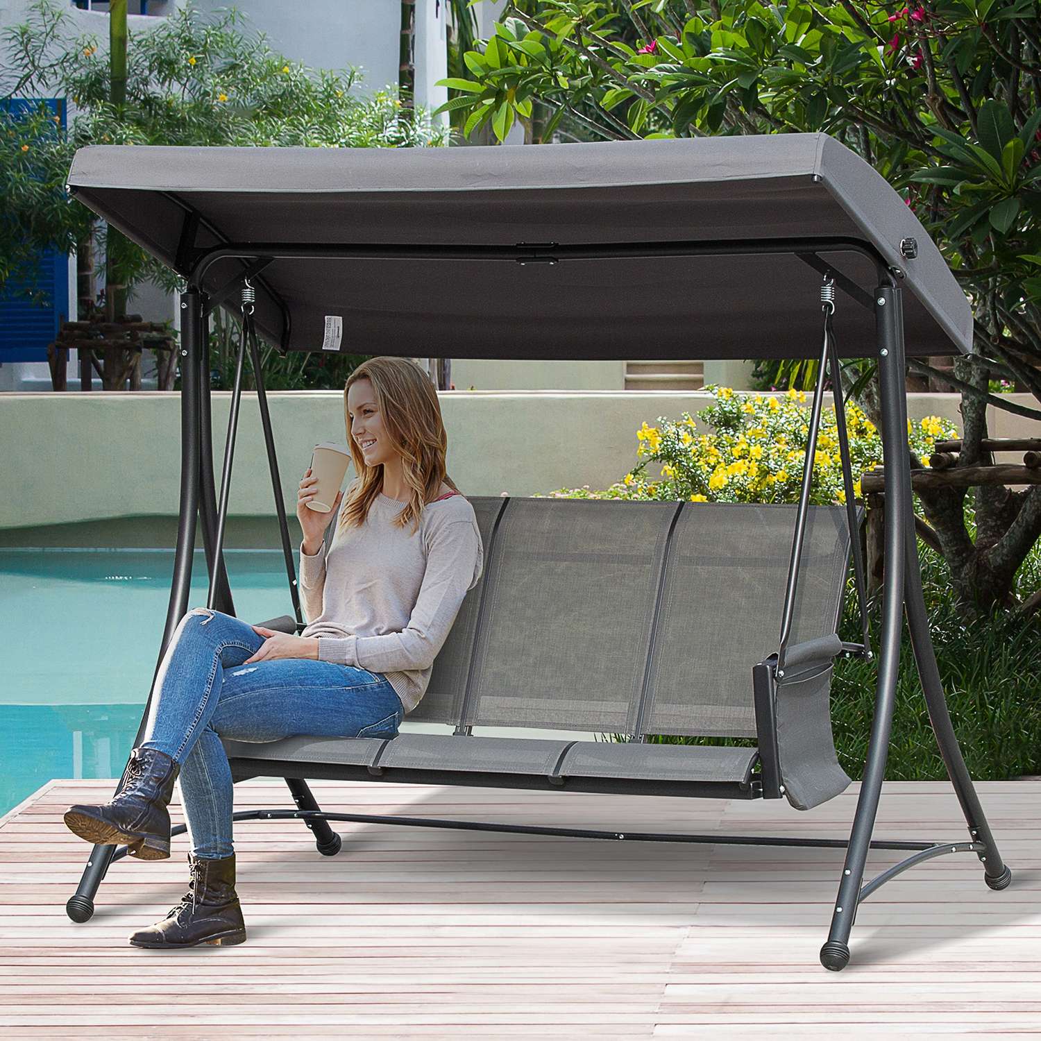 3-sits Verandagunga i aluminium med kapell, grå