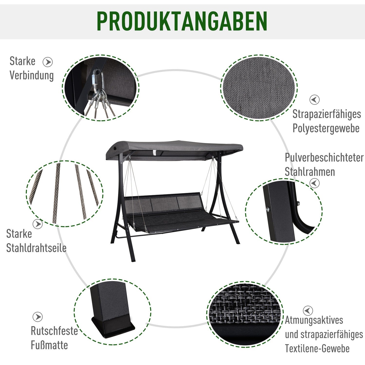 3-sits grå trädgårdsgunga med justerbar kapell