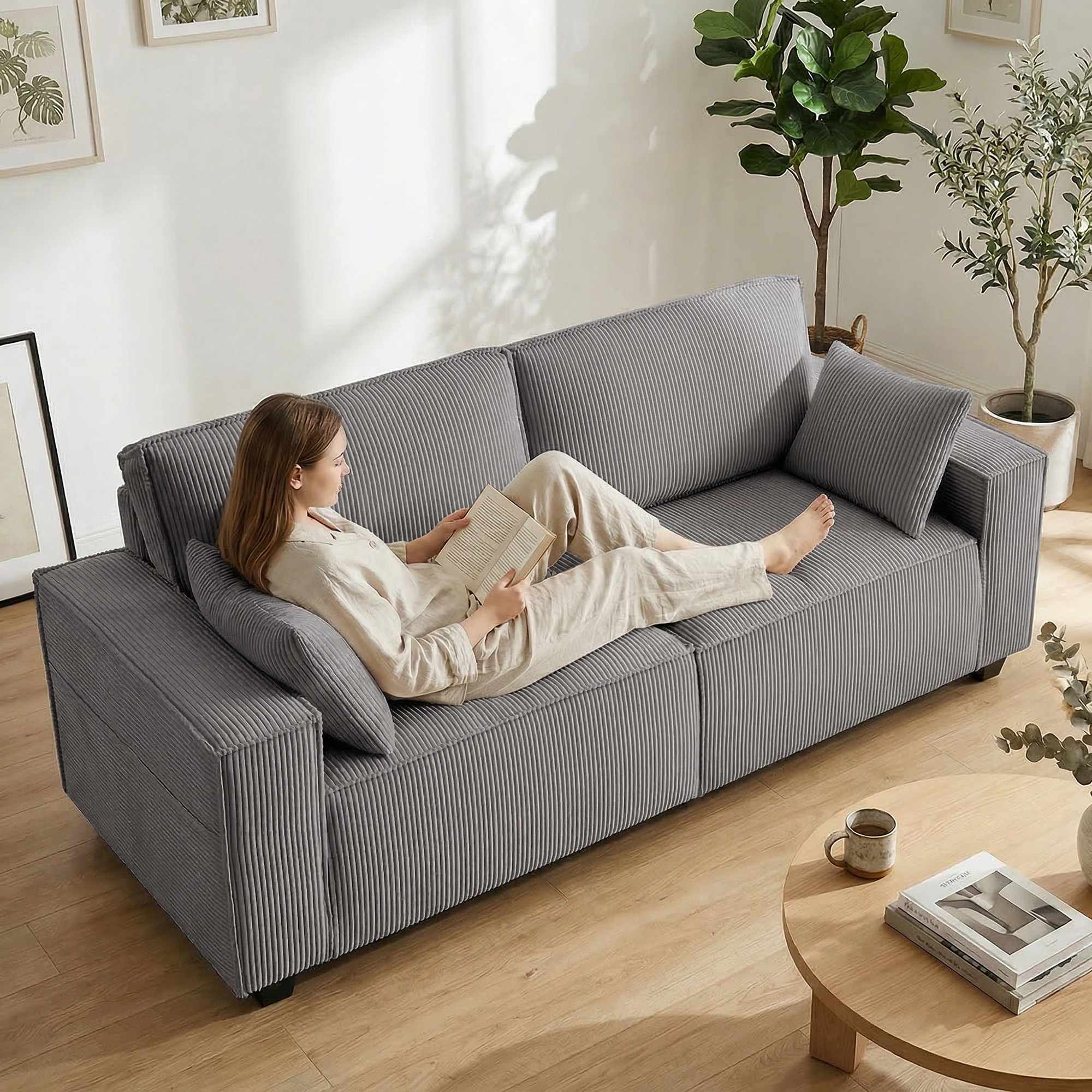 3-sitssoffa, ljusgrå manchester, pocketfjädrar