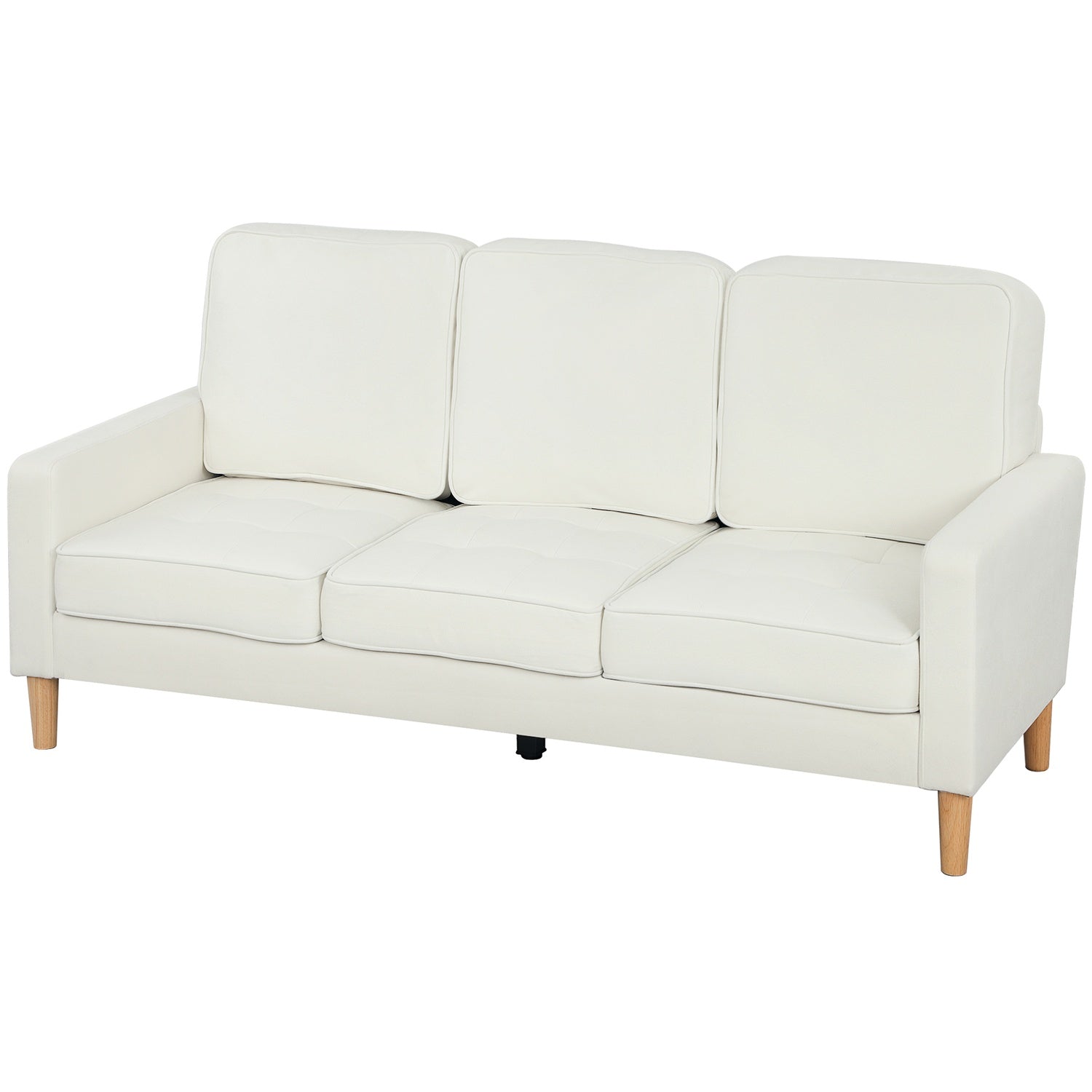 3-sits soffa, tjocka kuddar, gummiträ, krämtyg