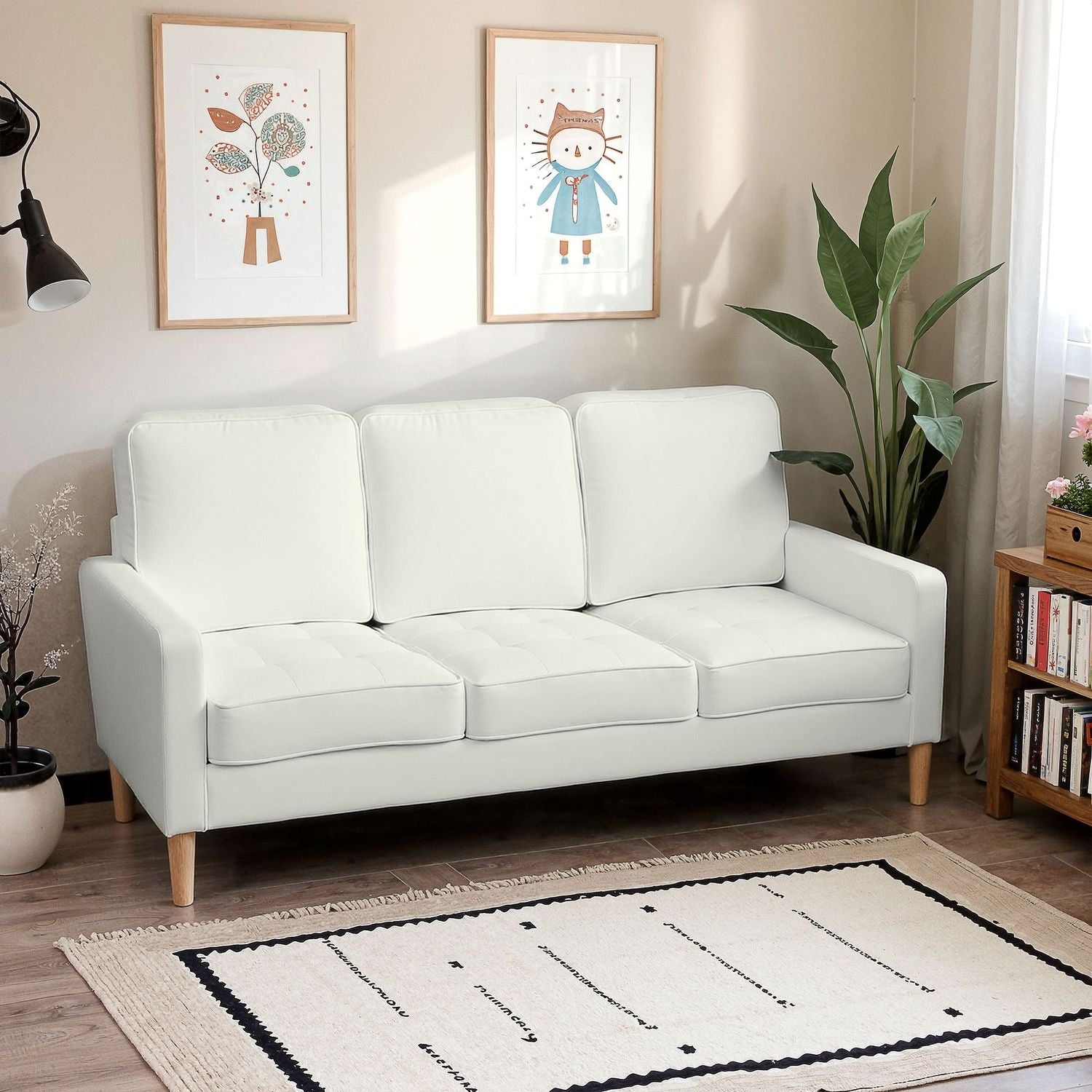 3-sits soffa, tjocka kuddar, gummiträ, krämtyg