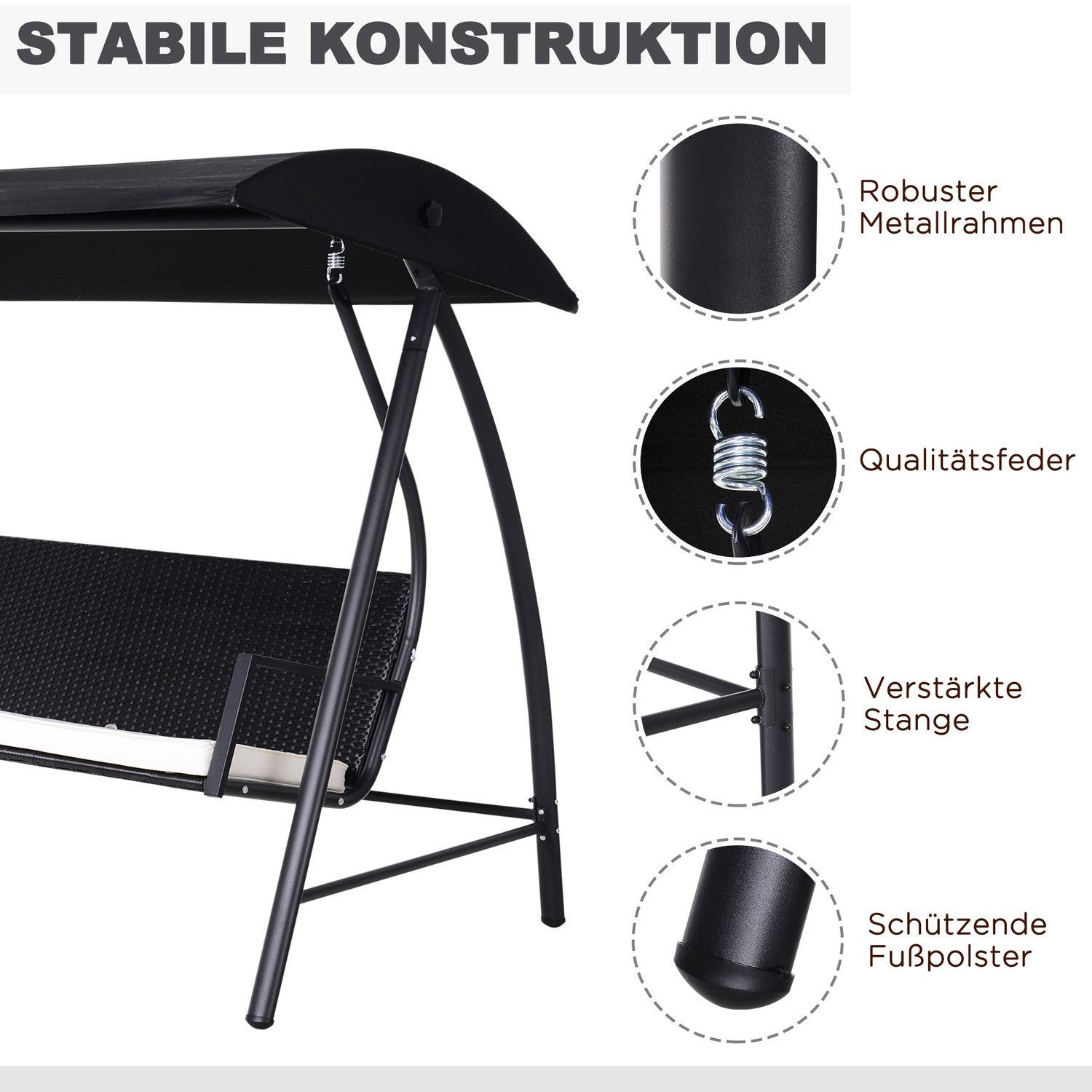 3-sits trädgårdsgunga med tak, polyrotting, svart