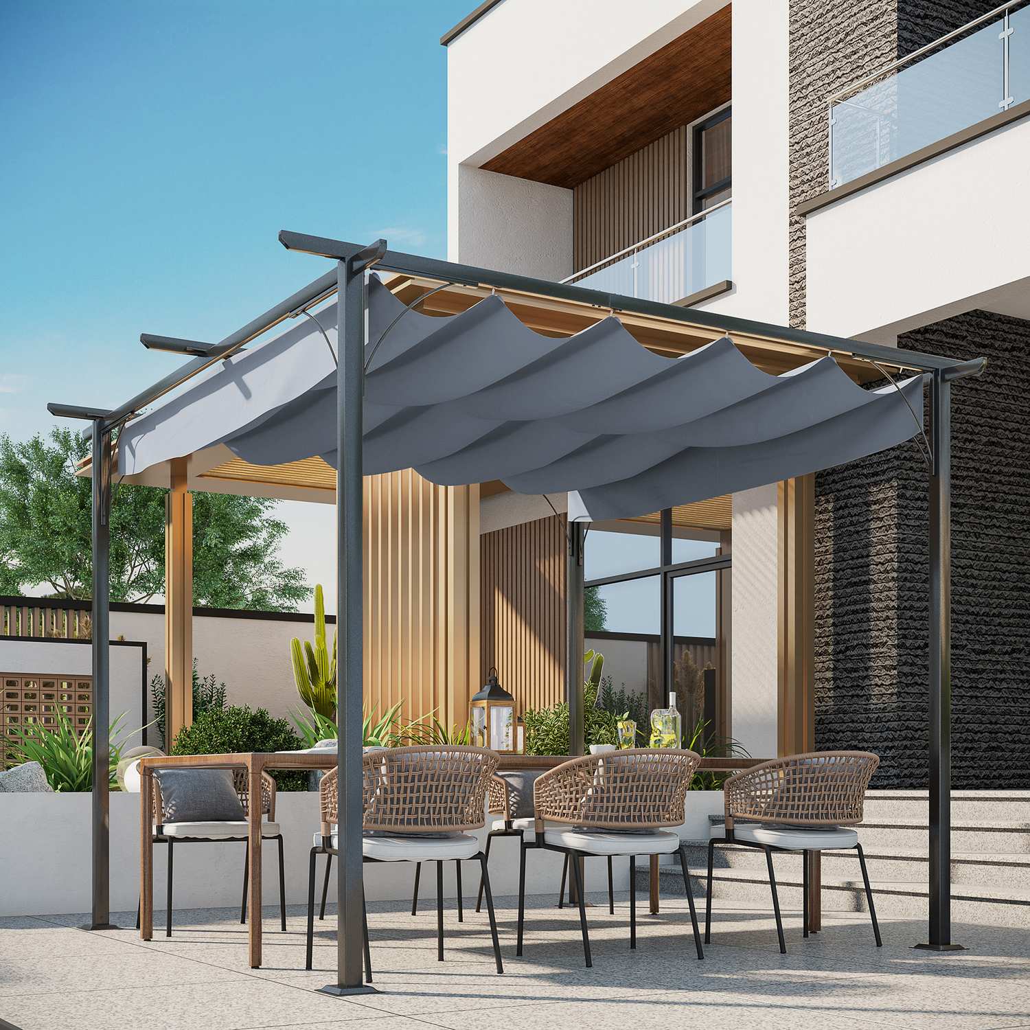 3x3m Pergola Gazebo med skjuttak, vattentätt UV-skydd