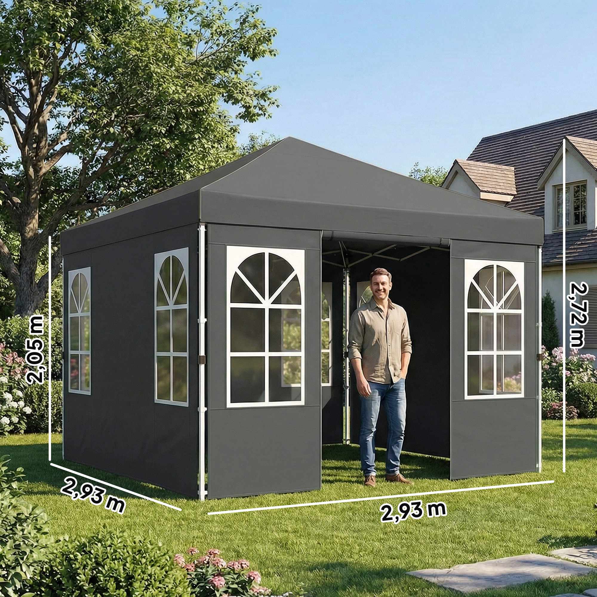 3x3m popup-paviljong, UPF 50+ Oxfordtyg, mörkgrå