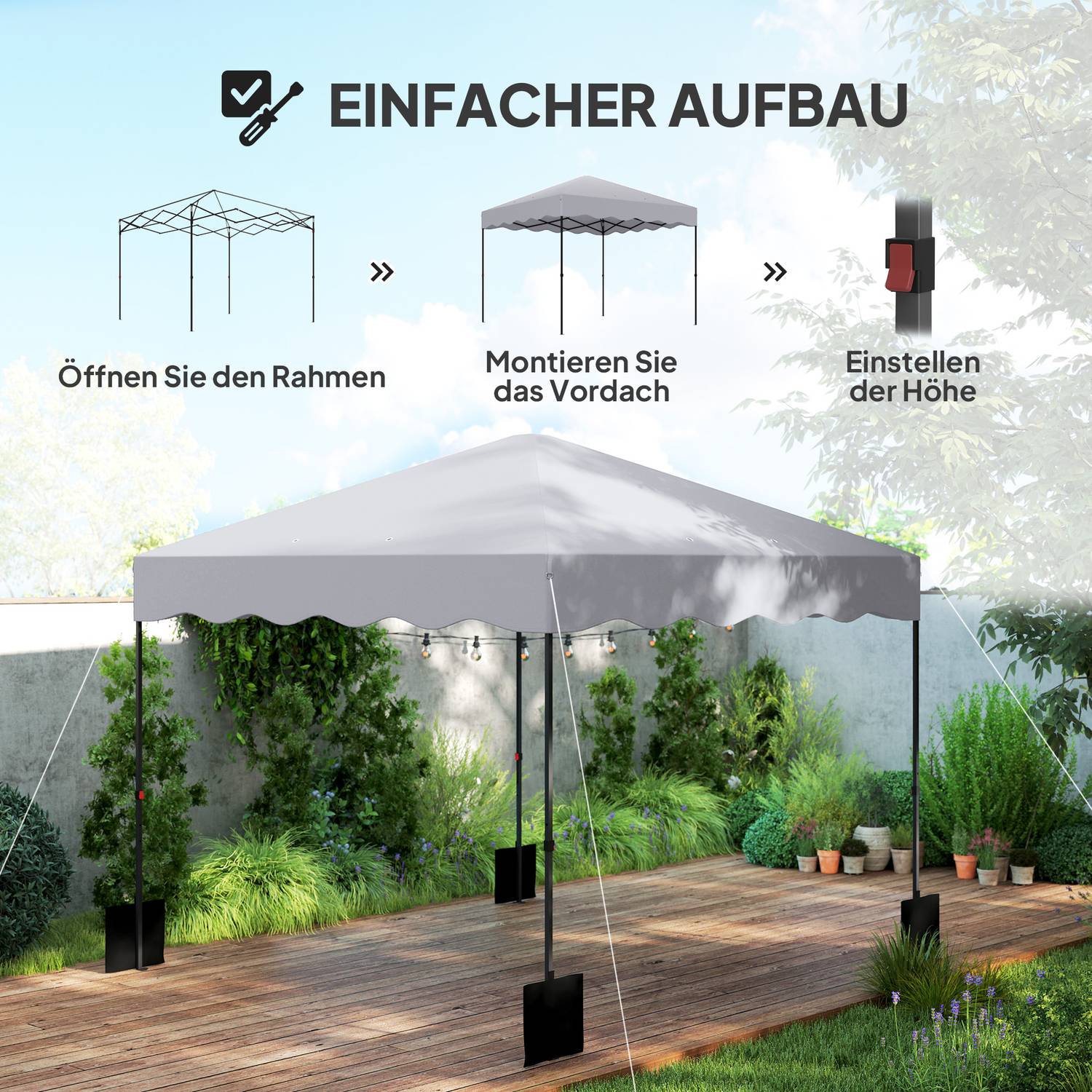 3x3m vattenavvisande pop-up paviljong, UV 50+, ljusgrå