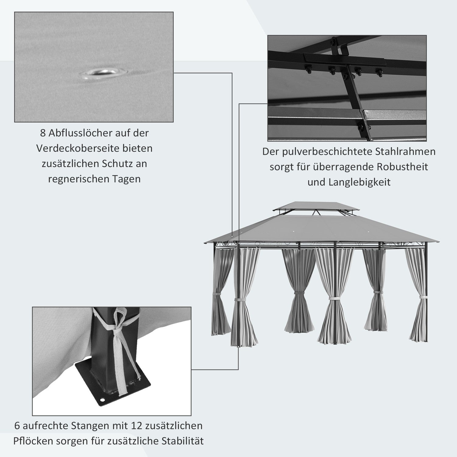 Tmavě šedý vodotěsný zahradní pavilon 3x4m se 6 panely