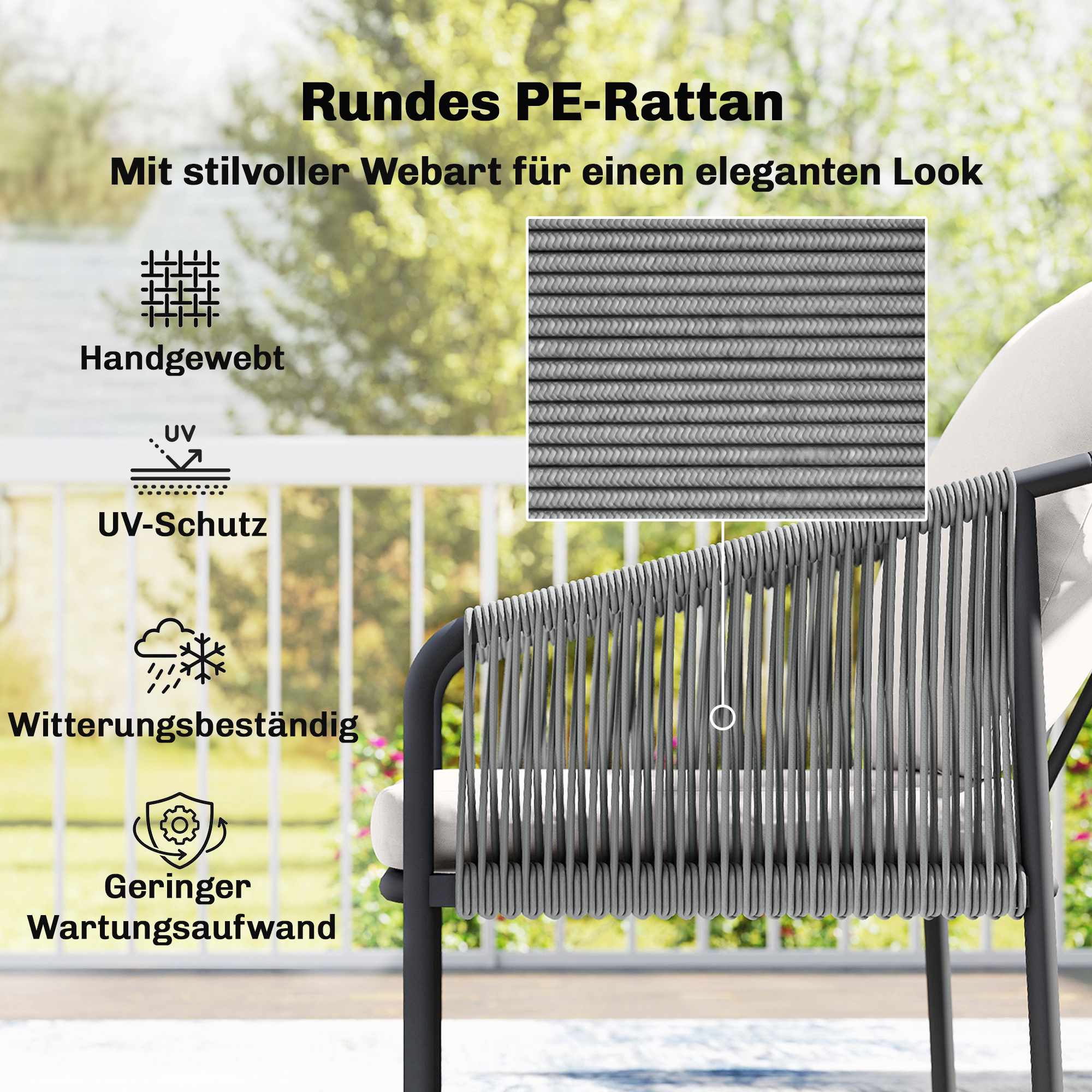 4-delad loungegrupp i rotting med kuddar och bord