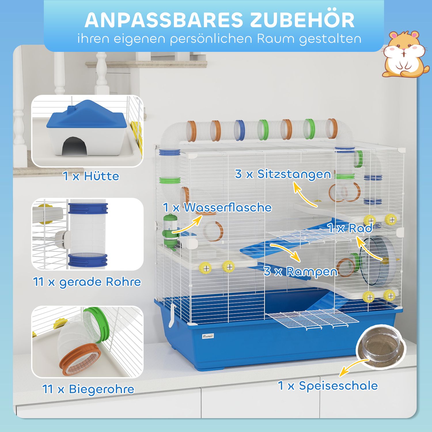 4-vånings hamsterbur med hjul och tillbehör, blå