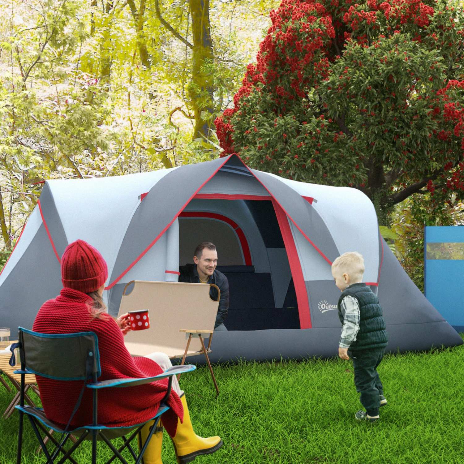 5-6 personers grått campingtunneltält med pinnar – polyester