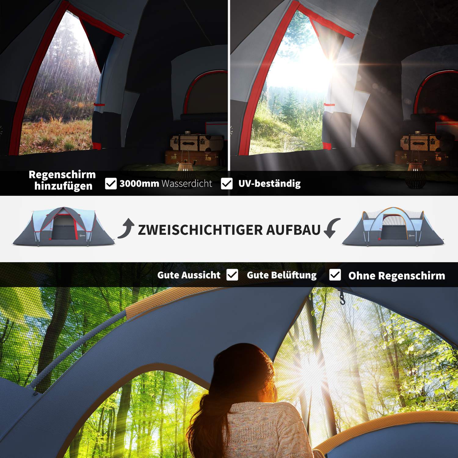 5-6 personers grått campingtunneltält med pinnar – polyester